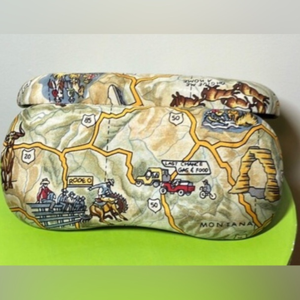 Vintage Nicole Miller Sunglass Case Hard Shell Montana Road Trip Print 6.5”x2.5”